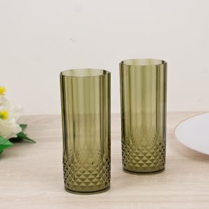 6-Pack Transparent Plastic Highball Drink Glasses 14oz, Crystal Cut Style Dusty Sage Green - Shatterproof Tall Cocktail Tumblers